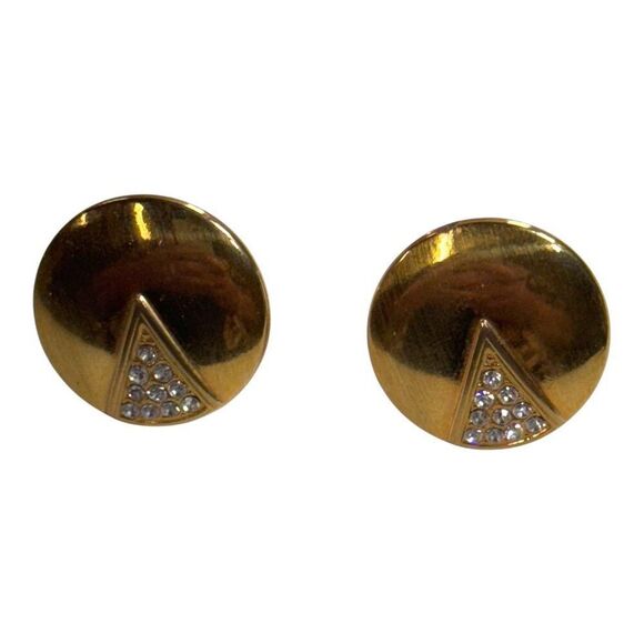 French Vtg Gold Tone Triangle Crystal Round Clip On Earrings Geometric Art Deco - Picture 3 of 5